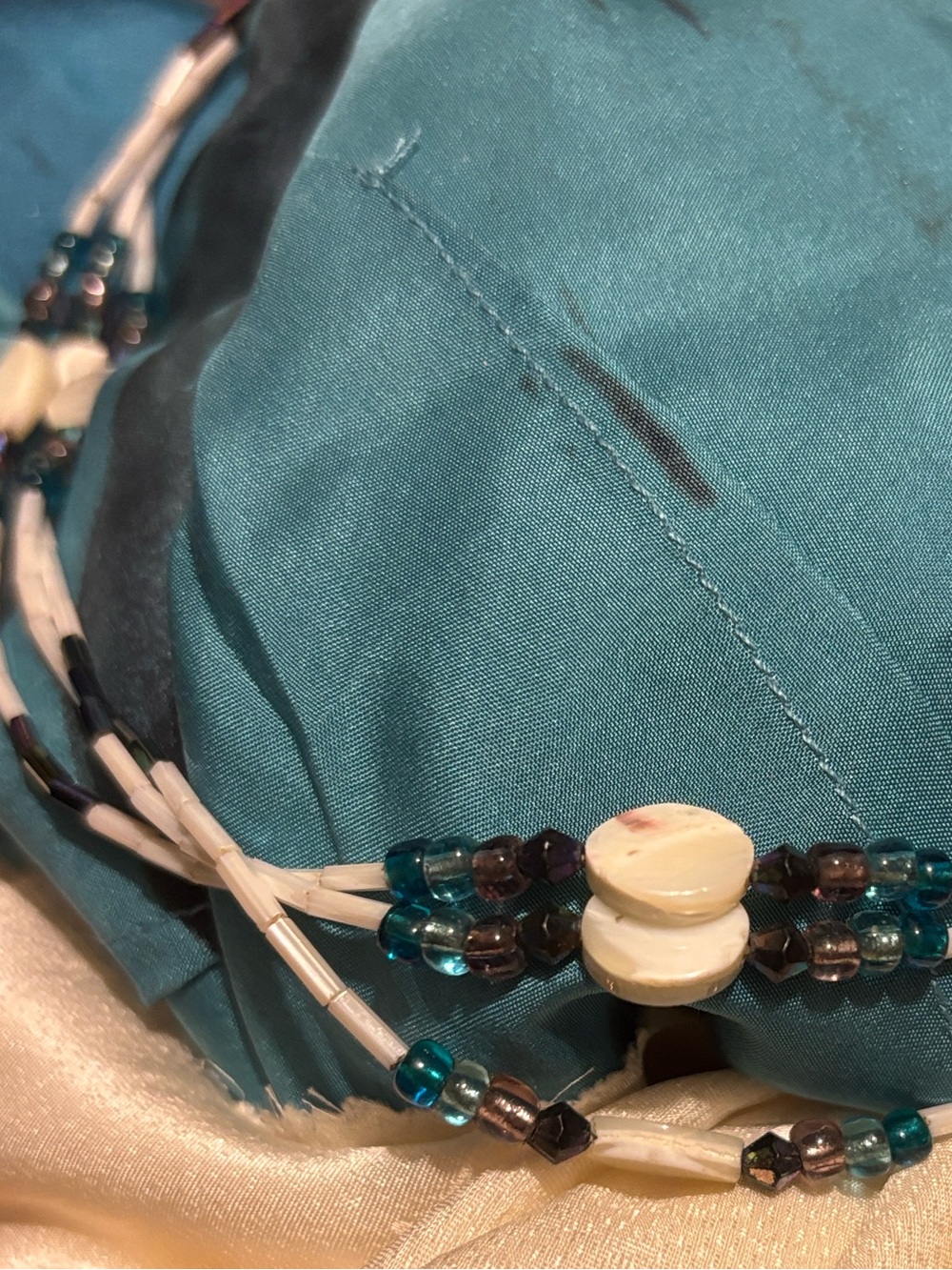 Navajo Teal and Cream Beaded Layered Necklace with Mother of Pearl accents.